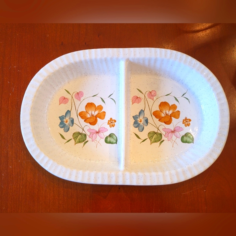 Vtg Treasure Craft Divided Serving Dish Ovenware Bakeware Orange Blue Flowers
